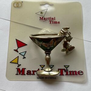 Vintage Martini Time Silver Brooch with Butterfly Design